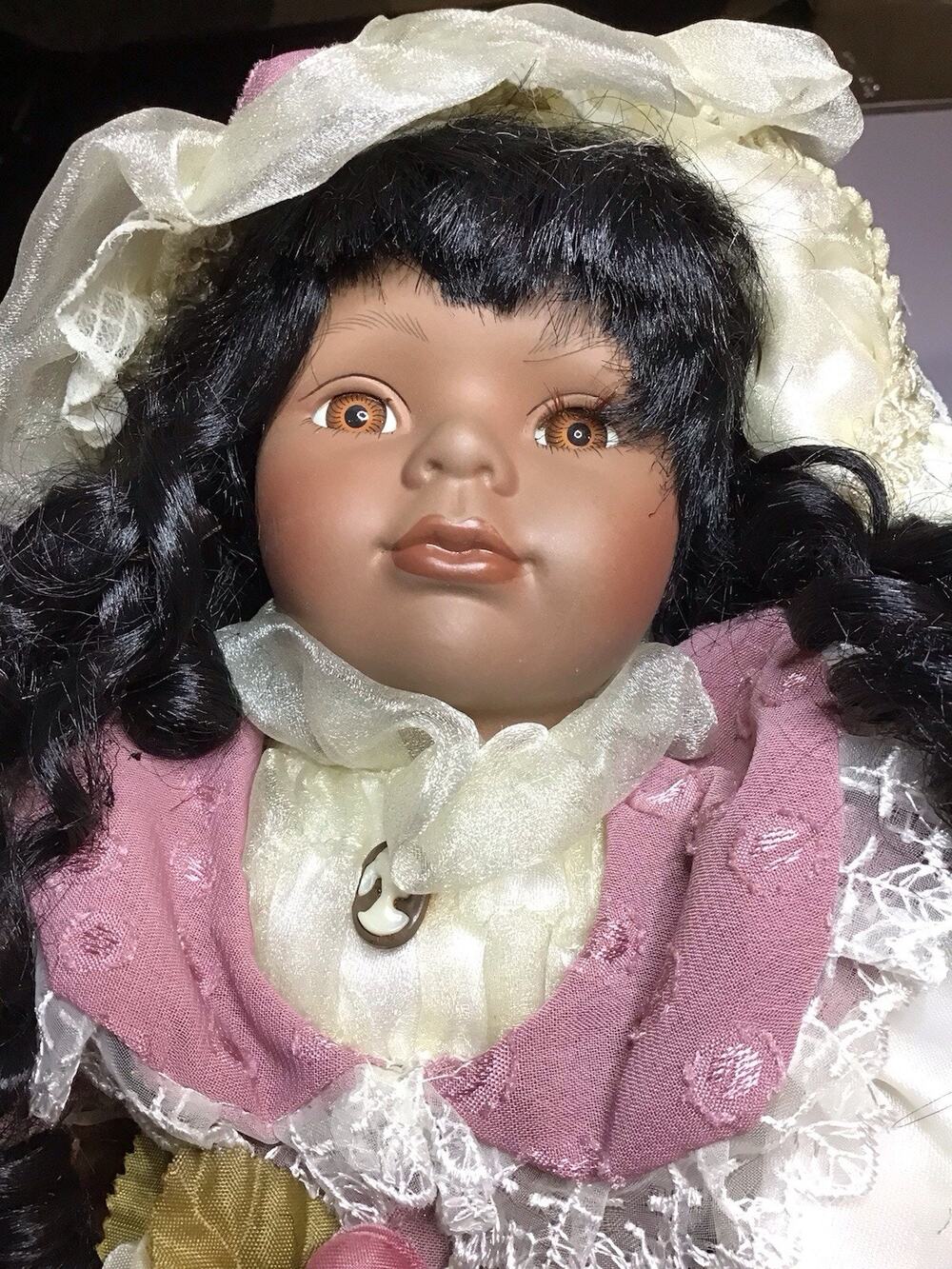 Cathay Collection Porcelain Doll 18 Inch With Swing Vintage Dark Hair Pink Dress